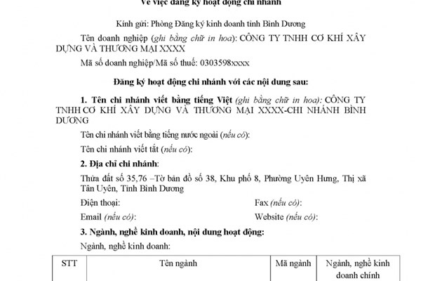 Mẫu thông báo thành lập văn phòng đại diện